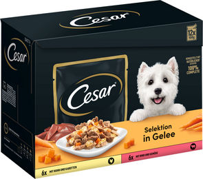 Cesar Hundefutter Selektion Stückchen in Gelee Huhn mit Karotten und Rind mit Gemüse 12x100g - 24 x 100 g – Bild 1 von 4