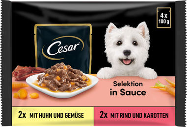 Produktbild von Cesar Hundefutter Selektion Stückchen in Sauce Huhn mit Gemüse und Rind mit Karotten für Adult 4x100g 400g