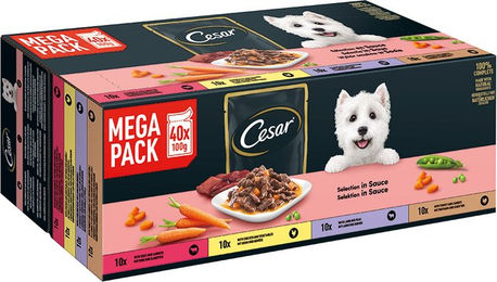 Produktbild von Cesar Hundefutter Stückchen in Sauce Favoriten Mix Truthahn Rind Huhn Lamm ohne Zucker 40 x 100 g - 40 x 100 g
