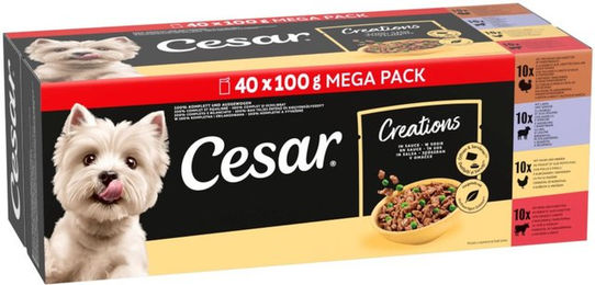 Cesar Hundefutter Stückchen in Sauce Mix Truthahn Huhn Rind Lamm ohne Zucker und Farbstoffe 40 x 100 g – Bild 1 von 1