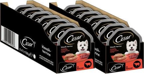 Cesar Nassfutter Schale Klassiker Rind und Leber Paté für Hunde Adult 14 x 150g ohne Zucker und Farbstoffe – Bild 1 von 3
