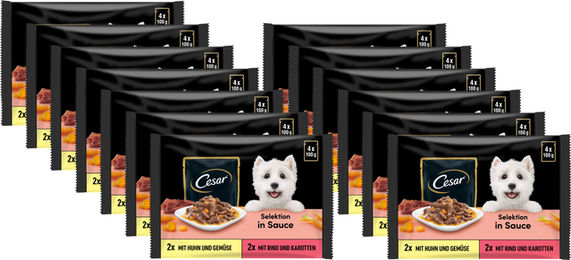 Produktbild von Cesar Selektion Hundefutter Adult Huhn mit Gemüse und Rind mit Karotten in Sauce 4x100g