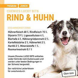 Chewies Lucky Bits Junior Hundeleckerli Rind & Huhn getreidefrei und ohne Zucker 80 g - 80 g – Bild 1 von 5