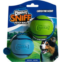 Produktbild von Chuckit! Sniff Fetch Ball Duo Pack Hundespielzeug aus Naturkautschuk Größe M mit Speck- und Erdnussbutterduft - 2 x 6,5 cm