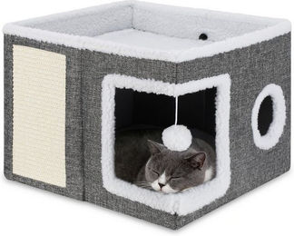 Clanmacy Katzenzelt Katzenhaus faltbar mit 2 Ebenen, Kratzbrett aus Sisal, Spielball und Kissen für erwachsene Katzen – Bild 1 von 5