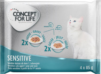 Produktbild von Concept for Life Katzen Nassfutter Probierpaket Sensitive Huhn Stückchen in Sauce für adulte Katzen 4 x 85 g - 4 x 85 g