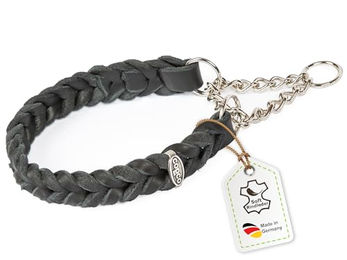 CopcoPet Hundehalsband aus Leder geflochten mit verchromter Zugstopp-Kette Schwarz 30–35cm x 20mm für kleine Hunde – Bild 1 von 11