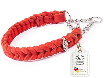 CopcoPet Hundehalsband aus Leder Rot Geflochten mit verchromter Zugstopp-Kette 30-35cm x 20mm Erziehungshalsband für kleine Hunde – Bild 1 von 11