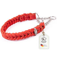 Produktbild von CopcoPet Hundehalsband aus Leder Rot Geflochten mit verchromter Zugstopp-Kette 30-35cm x 20mm Erziehungshalsband für kleine Hunde