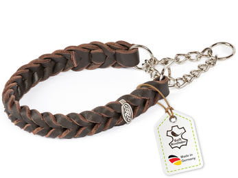 CopcoPet Lederhalsband für kleine Hunde aus braunem Fettleder mit geflochtener Zugstopp-Kette 30-35cm – Bild 1 von 12
