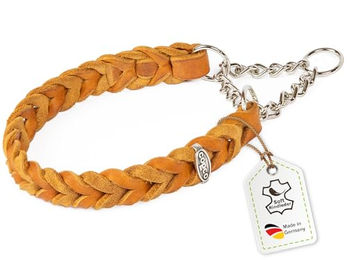 CopcoPet Lederhalsband für kleine Hunde aus braunem Fettleder mit verchromter Zugstopp-Kette 30–35cm x 20mm – Bild 1 von 6