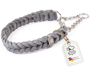 CopcoPet Lederhalsband für kleine Hunde Grau Geflochten mit verchromter Zugstopp-Kette 30–35cm x 20mm – Bild 1 von 11