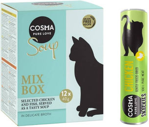 Cosma Katzen Futter Mixpaket für Adult Katzen mit Suppen und Snackies getreidefrei Huhn Lachs Thunfisch 24 x 40 g und 6 x Snackie - 48 x 40 g – Bild 1 von 1