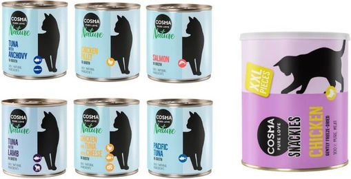 Cosma Katzen Futter Mixpaket für erwachsene Katzen mit hohem Fleischanteil und Stückchen in Sauce, getreidefrei, 24 x 280 g Nature plus 2 x 200 g Maxi Snackie XXL Hühnchen - 24 x 280 g – Bild 1 von 1