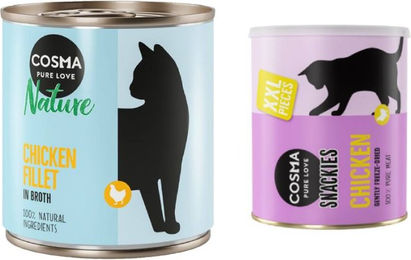 Produktbild von Cosma Katzen Nassfutter Kombi-Paket Adult Stückchen in Sauce Huhn 24 x 280 g und 2 x 200 g Maxi Snackie XXL Hühnchenfilet getreidefrei - 24 x 280 g