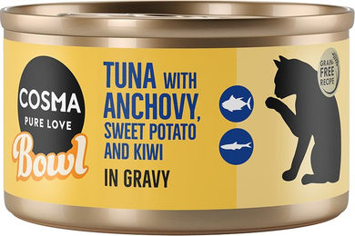Produktbild von Cosma Katzen Nassfutter Schale Thunfisch mit Anchovis Stückchen in Sauce für erwachsene Katzen 6 x 80 g - 6 x 80 g