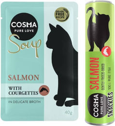 Produktbild von Cosma Kombi-Paket für Katzen Adult Getreidefrei mit Lachs und Zucchini sowie Lachs Suppen und Snacks - 24 x 40 g