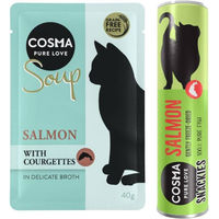 Produktbild von Cosma Kombi-Paket für Katzen Adult Getreidefrei mit Lachs und Zucchini sowie Lachs Suppen und Snacks - 24 x 40 g