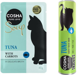 Produktbild von Cosma Kombi-Paket für Katzen Adult Getreidefrei mit Thunfisch Suppe und Snackie Thunfisch mit Karotte 24 x 40 g und 3 x 25 g - 48 x 40 g