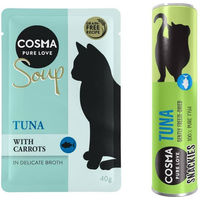 Produktbild von Cosma Kombi-Paket für Katzen Adult Getreidefrei mit Thunfisch Suppe und Snackie Thunfisch mit Karotte 24 x 40 g und 3 x 25 g - 48 x 40 g