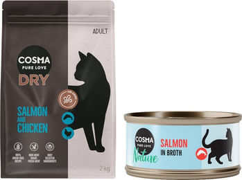 Produktbild von Cosma Kombi-Paket Katzenfutter Adult Lachs und Huhn Getreidefrei mit hohem Fleischanteil Trockenfutter und Nassfutter - 2 x 2 kg