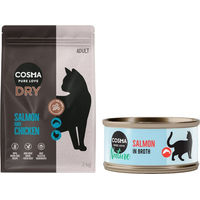 Produktbild von Cosma Kombi-Paket Katzenfutter Adult Lachs und Huhn Getreidefrei mit hohem Fleischanteil Trockenfutter und Nassfutter - 2 x 2 kg