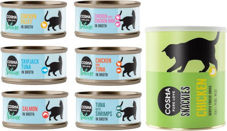 Produktbild von Cosma Nature Katzen Futter Kombi-Paket mit 24 x 70 g Mix und 2 x 160 g Snackies Hühnchen für erwachsene Katzen mit hohem Fleischanteil - 24 x 70 g