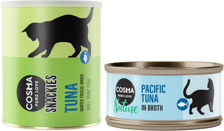 Produktbild von Cosma Nature Katzen Futter Kombi-Paket mit Pazifikthunfisch Stückchen in Sauce und Snackies Thunfisch Tube für erwachsene Katzen - 26 x 70 g