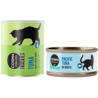 Produktbild von Cosma Nature Katzen Futter Kombi-Paket mit Pazifikthunfisch Stückchen in Sauce und Snackies Thunfisch Tube für erwachsene Katzen - 26 x 70 g