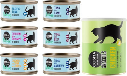 Produktbild von Cosma Nature Katzen Futter Kombi-Paket mit Suppen Stückchen in Sauce und Snackies Hühnchen für erwachsene Katzen mit hohem Fleischanteil und Monoprotein - 18 x 70 g