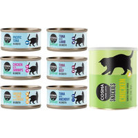 Produktbild von Cosma Nature Katzen Futter Kombi-Paket mit Suppen Stückchen in Sauce und Snackies Hühnchen für erwachsene Katzen mit hohem Fleischanteil und Monoprotein - 18 x 70 g