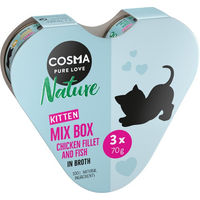 Produktbild von Cosma Nature Kitten Herz-Box Mixpaket mit Stückchen in Sauce Huhn Thunfisch Fisch 3 x 70 g