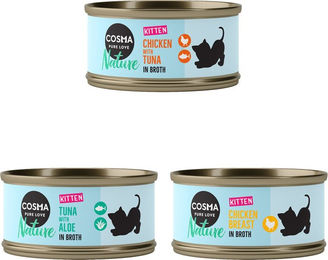 Produktbild von Cosma Nature Kitten Katzenfutter Mixpaket 6 x 70 g mit Huhn, Thunfisch und Fisch monoprotein ohne Farb- und Aromastoffe - 6 x 70 g