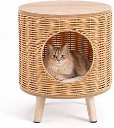 COSTWAY 3 in 1 Katzenhaus aus Rattan mit Holzbeinen als Katzenhöhle, Katzenbett und Beistelltisch für Katzen bis 30kg – Bild 1 von 1