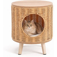 Produktbild von COSTWAY 3 in 1 Katzenhaus aus Rattan mit Holzbeinen als Katzenhöhle, Katzenbett und Beistelltisch für Katzen bis 30kg