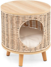COSTWAY 3 in 1 Katzenhaus aus Weide als Katzenhöhle, Fußhocker und Nachttisch in Beige – Bild 1 von 4