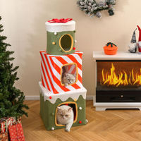 Produktbild von COSTWAY 3-stöckige Katzenhöhle aus Plüsch mit Weihnachtsdesign und Schnee-Dekoration 120 cm