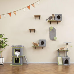 COSTWAY 7-teilige Katzen-Kletterwand Grau mit Leiter, Höhlen, Plattformen und Kratzbrett – Bild 1 von 1