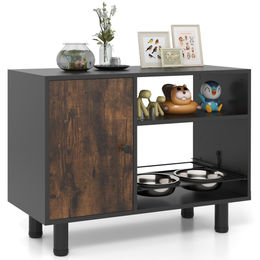 Costway Futterschrank Futterstation aus Holz mit 2 Edelstahlnäpfen in Braun – Bild 1 von 10