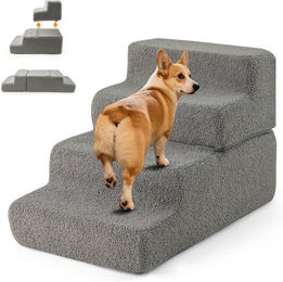 COSTWAY Haustiertreppe mit 4 Stufen aus Fleece in Grau für Hunde und Katzen – Bild 1 von 5