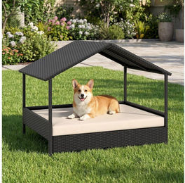 COSTWAY Hundebett aus Rattan mit Kissen und Dachschutz für erwachsene Hunde in Mittel – Bild 1 von 5