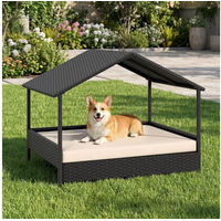 Produktbild von COSTWAY Hundebett aus Rattan mit Kissen und Dachschutz für erwachsene Hunde in Mittel