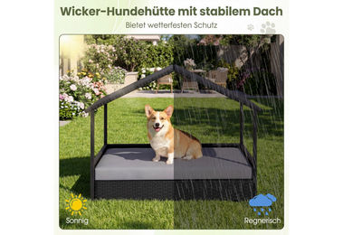 COSTWAY Hundebett aus Rattan mit Kissen und Dachschutz für erwachsene Hunde in Mittel – Bild 1 von 4