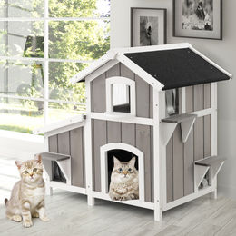 COSTWAY Hundehütte und Katzenhaus aus Holz in Grau wetterfest 2-stöckig – Bild 1 von 3