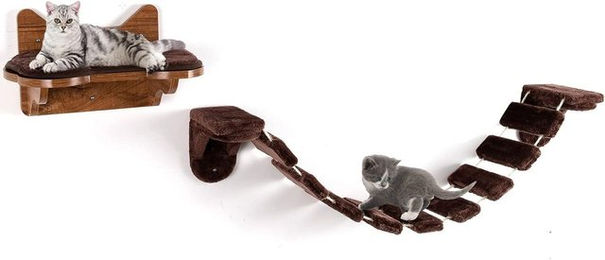 Produktbild von COSTWAY Katzen Klettergerüst aus Holz mit Laufsteg und Katzentreppe in Braun