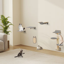 Costway Katzen Kletterwand aus Holz mit Kratzbrett und grauer Hängematte inklusive Kissen – Bild 1 von 5