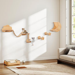COSTWAY Katzen Kletterwand Set aus 6 Teilen mit Kratzbaum, Plattformen, Hängematte, Brücke und Kratzpfosten aus Jute in Natur/Beige – Bild 1 von 1
