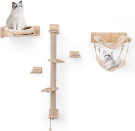 COSTWAY Katzen Kletterwand Set mit 5 Teilen inklusive Plattformen, Jute-Kratzstangen, Katzenbett, 2 Hängematten, Ball und Stufen in Naturoptik – Bild 1 von 1