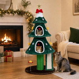 COSTWAY Katzenbaum im Weihnachtsbaum-Design mit 2 Höhlen und Kratzmöglichkeiten 137cm – Bild 1 von 1
