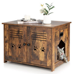 Costway Katzenhaus Möbel-Toilette aus Holz in Braun mit 2 Türen und Eingang – Bild 1 von 13